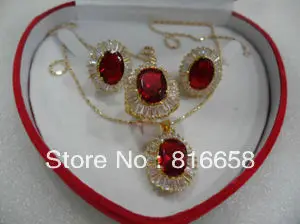 

@@Charming Noblest 14KGP GP Red Crystal necklace pendant earrings ring Set