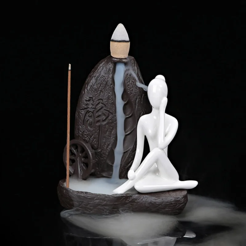 

Office Ornaments Creative Teahouse Home Decor Ceramic Yoga Girl Censer Backflow Incense Cones Burner Towel Incense Holder