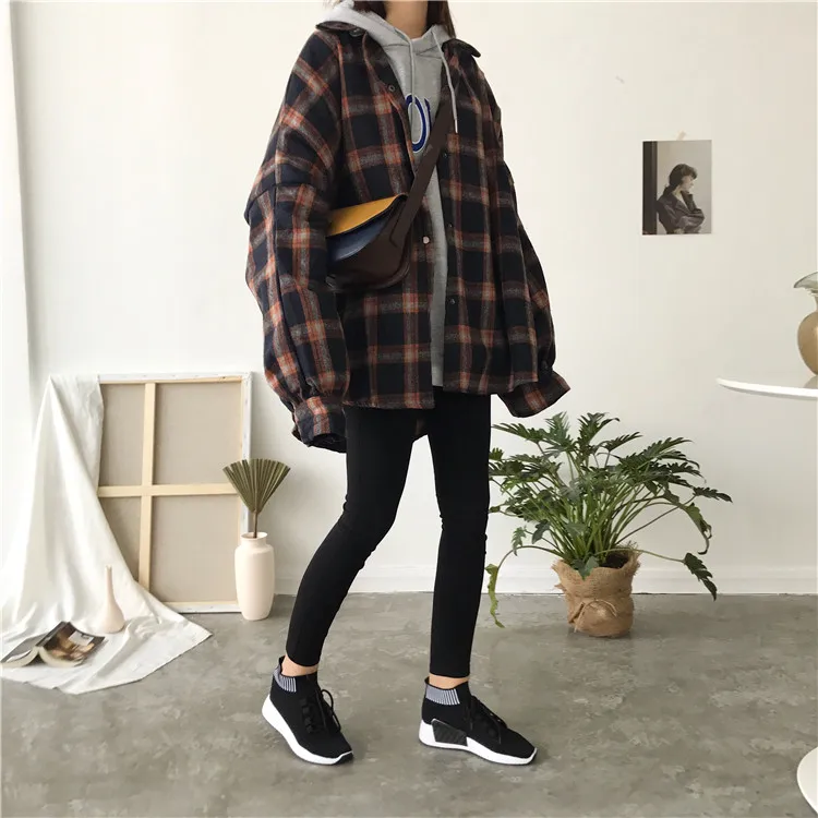 Harajuku Outono Xadrez Seção Fina lã Cardigan Coreano Puff Manga Magro Camisa Quente Jaqueta Retro Casual Feminino Botão Superior 2019 13 Cheap Blusas e Camisas