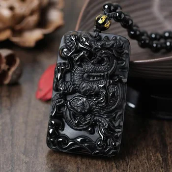 

Drop Shipping Beautiful Handwork Natural Black Obsidian Carved Chinese Dragon Amulet Lucky Pendant Necklace Fashion Jewelry