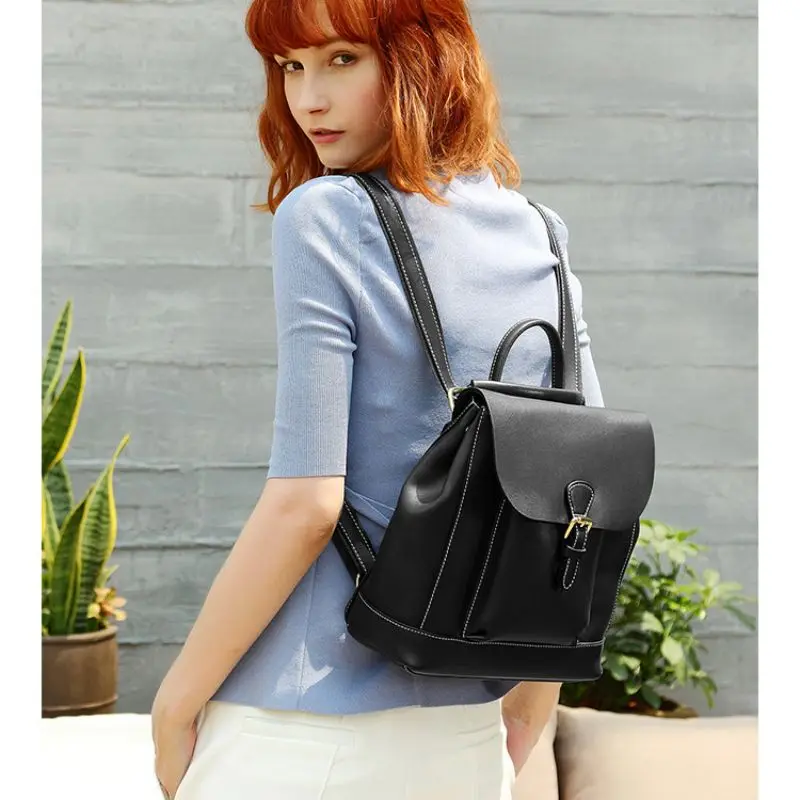 

LOEIL Leather College Trends Soft Leather Women's Bag Fashion Backpack Simple Wild Drawstring Tower Buckle Bag