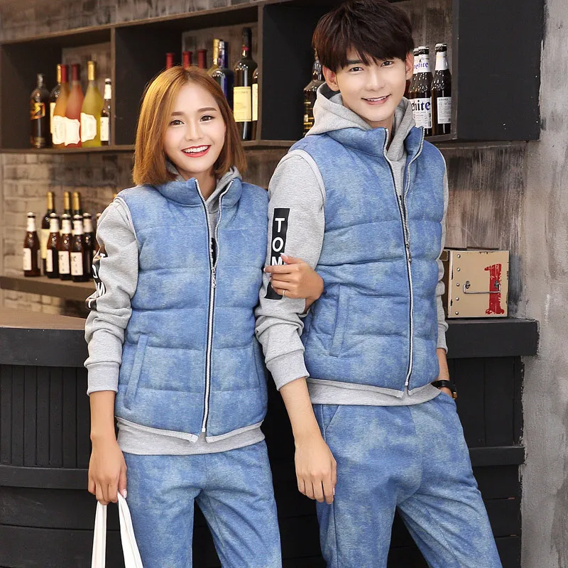 

3pcs men women tracksuit sportswear fleece thick jacet sweater hoodies+vest+pants running jogging leisure set sport warm suit