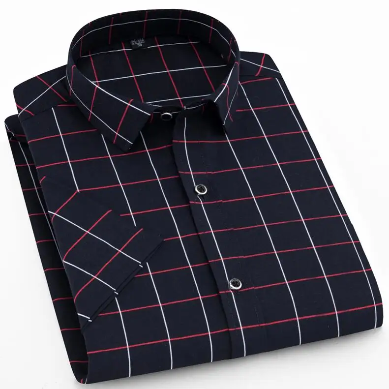 Navy blue Новые летние Стиль решетки Печати High Street ходить Для мужчин s рубашка с короткими рукавами моды социальной Бизнес Повседневное хлопок Для мужчин рубашка - Цвет: Navy blue