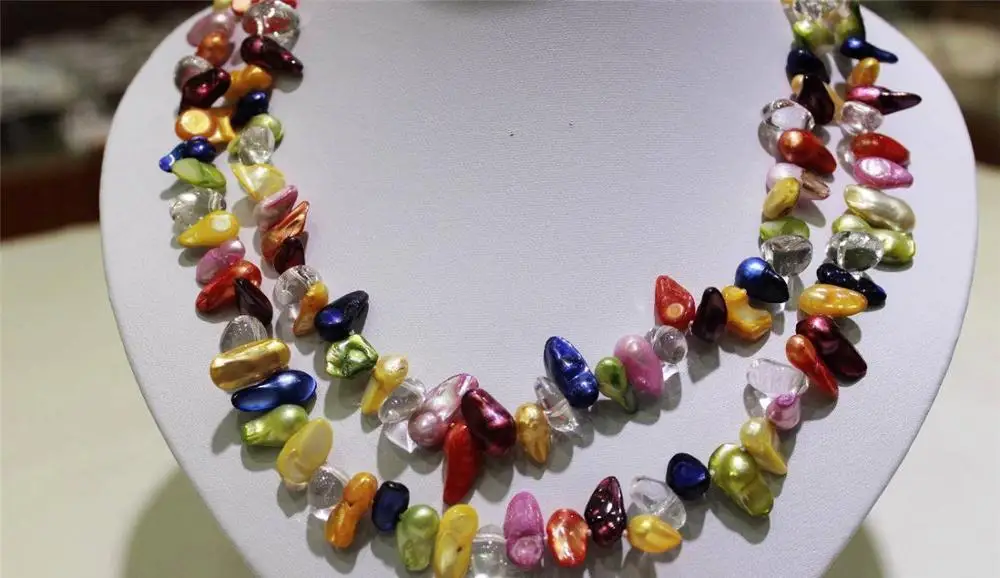 

Multi-color freshwater pearls & crystals necklace 8x17mm 36"no metal"handmade