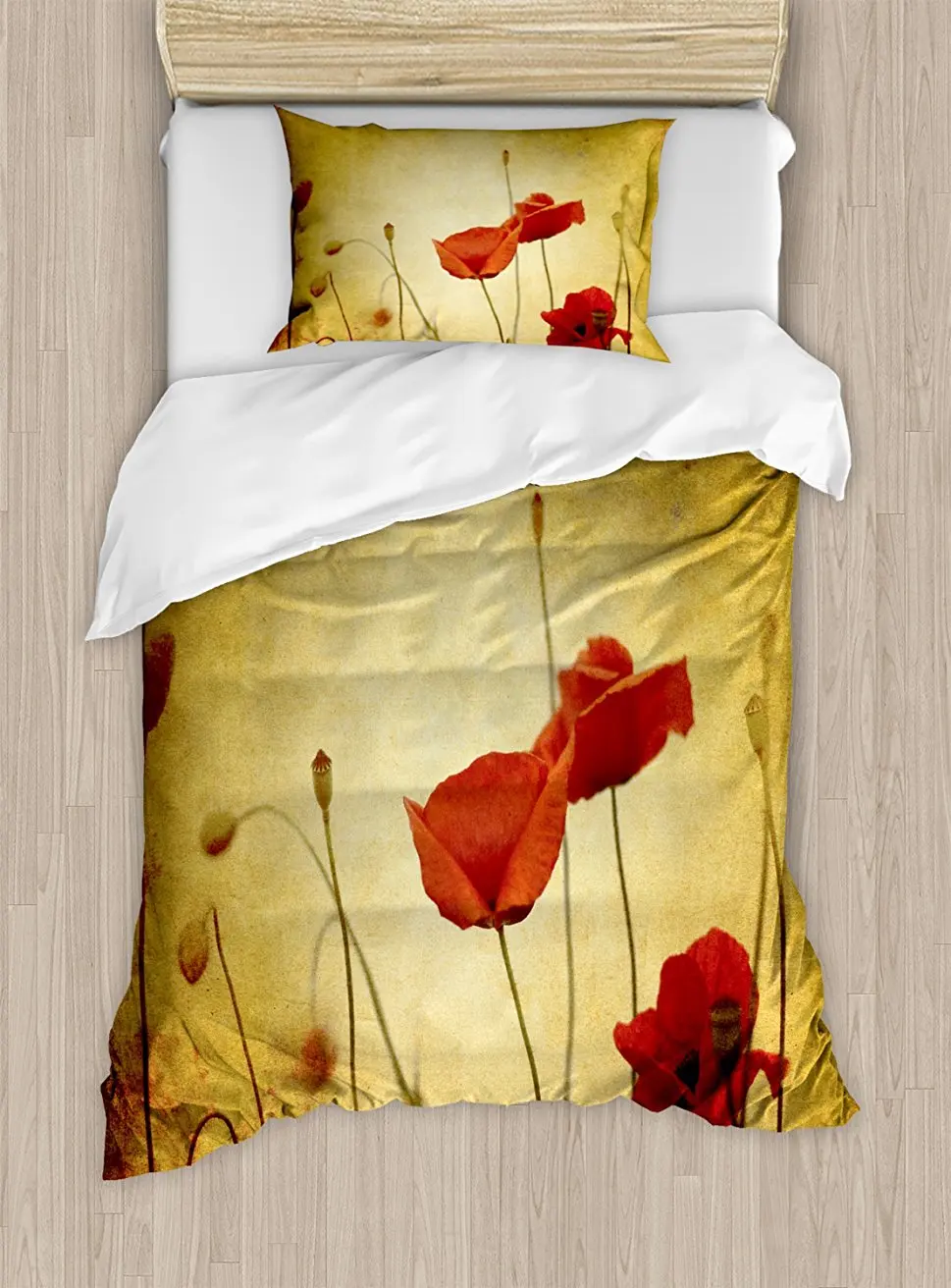 

Duvet Cover Set, Poppies and Flower Buds on Ambient Dark Grunge Background with Retro Effects Bohemian, 4 Piece Bedding Set