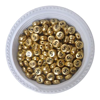 

High Quality Free Shipping 3600PCS/Lot 4*7MM Flat Round Coin Shape Single Number 5 Printed Gold Alphabet Letter Acrylic Beads
