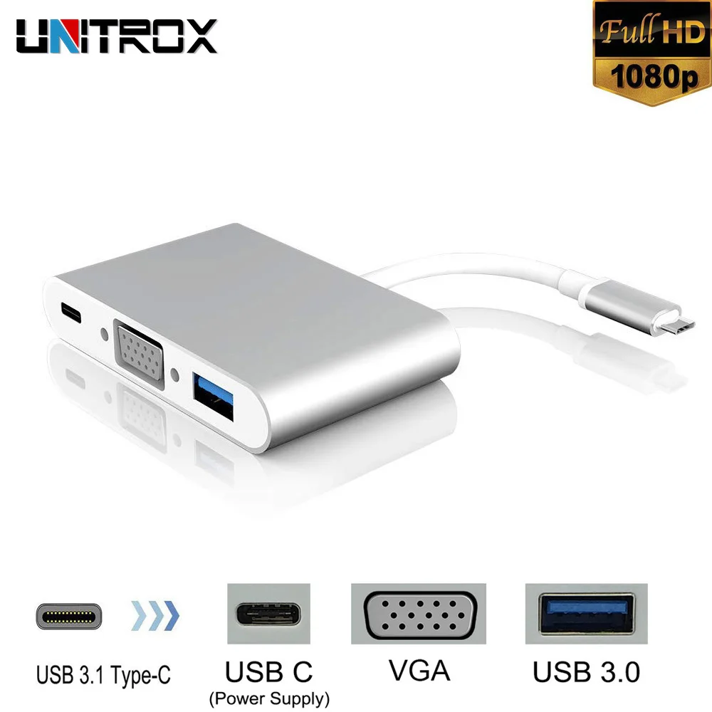 

3 in 1 USB 3.1 USB C to VGA Multiport Adapter USB 3.0 Hub Type-C Female Charging Port & Video & Audio Converter for MacBook Pro