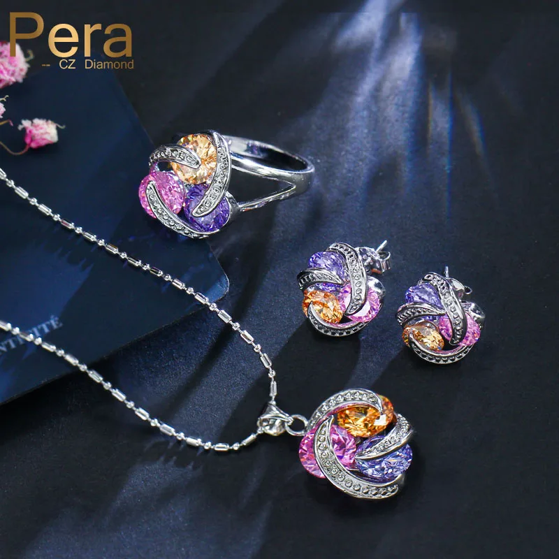 

Pera Fashion 4 Color Choice Rotating Design Jewelry Set Big 3 Round Colorful Cubic Zirconia Necklace Earring Ring For Women J042