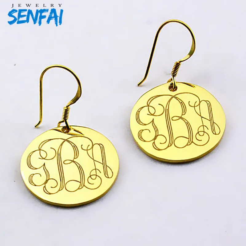 

Personalized Name Earring Custom Monogram Cursive Initials Round Drop Earrings Laser Marking Dangle Earring for Women