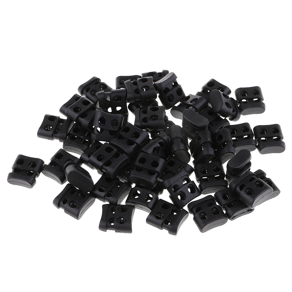 fityle 50pcs Black Plastic Non-slip Double Hole String Cord Locks for Shoelace Bags Pants Hole Diameter 4mm