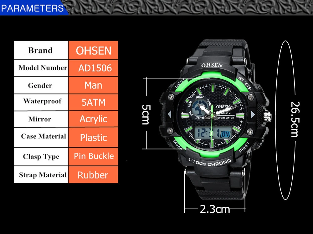Ohsen цифровой бренд lcd мужские модные наручные часы для мальчиков резиновый ремешок 50 м водонепроницаемые красные спортивные армейские часы будильник ручные часы