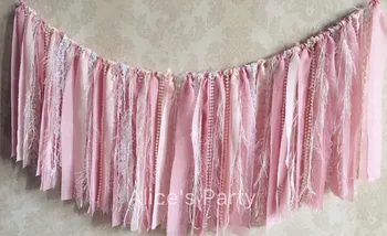 

Gorgeous Pale Pink Chiffon Lace Banner Wedding New Girl Baby Shower Wreath Pearl Beads Bunting Garland 1st Party Decorations