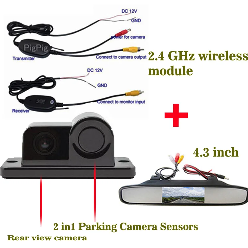 

wireless Parking Assistance Sensor Backup Radar With Rear View Camera + 4.3 inch LCD Car Rearview Mirror Monitor Video Parking
