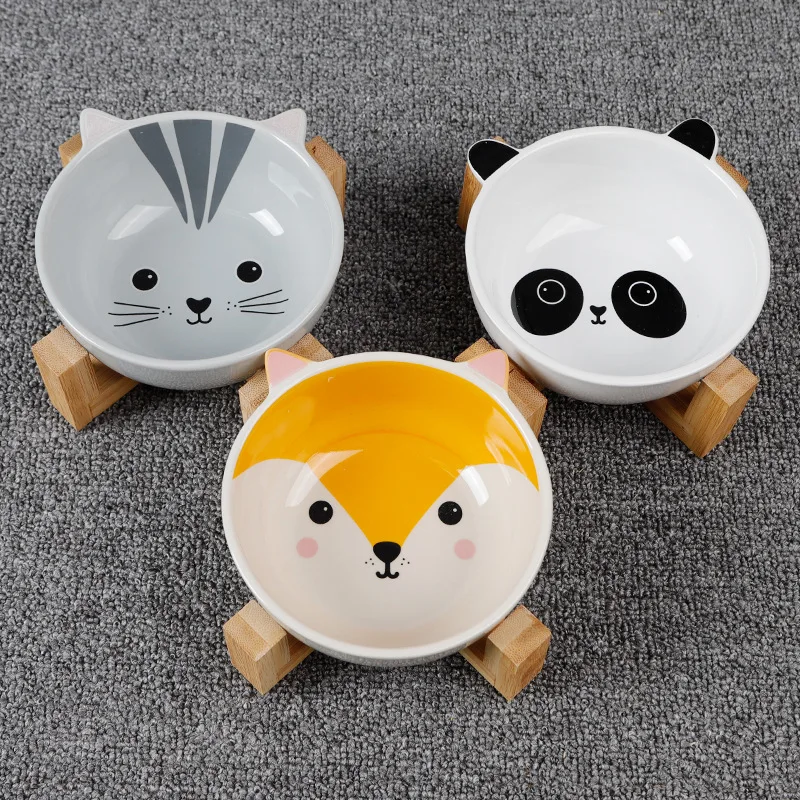 

Environmental Ceramic Cat Bowl with Raised Wooden Stand Elevated Pet Bowls for More Comfortable Eating for Cat Dog Kitten Puppy
