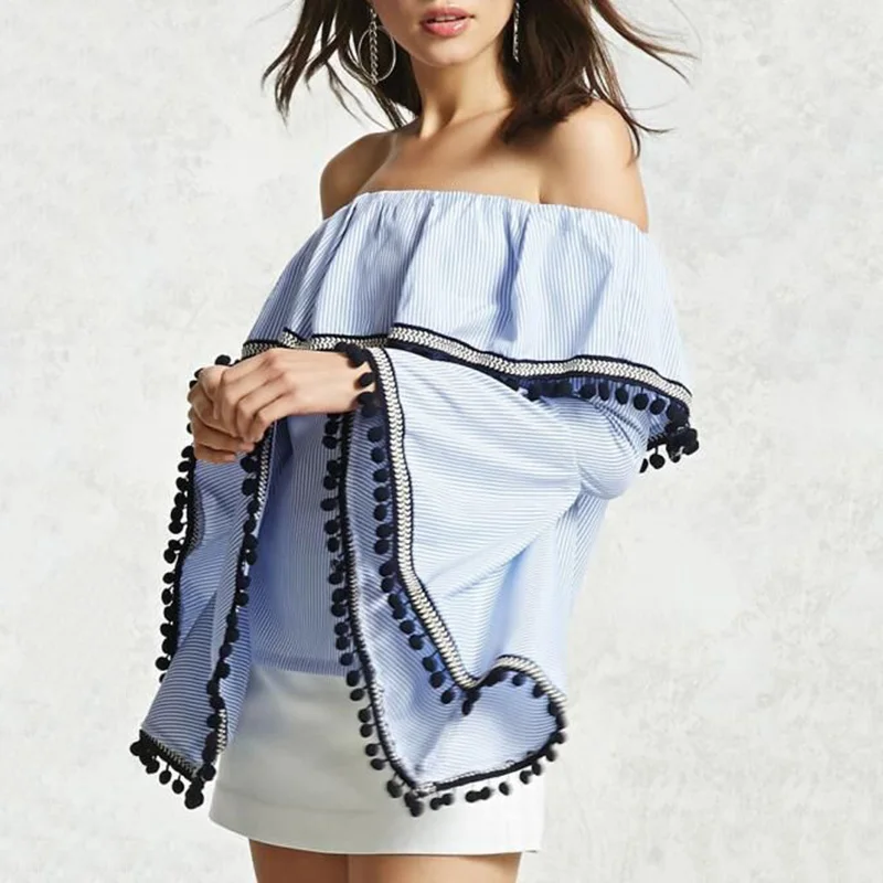 Tassel bell sleeve blouse shirt Light blue off shoulder ruffles blusas