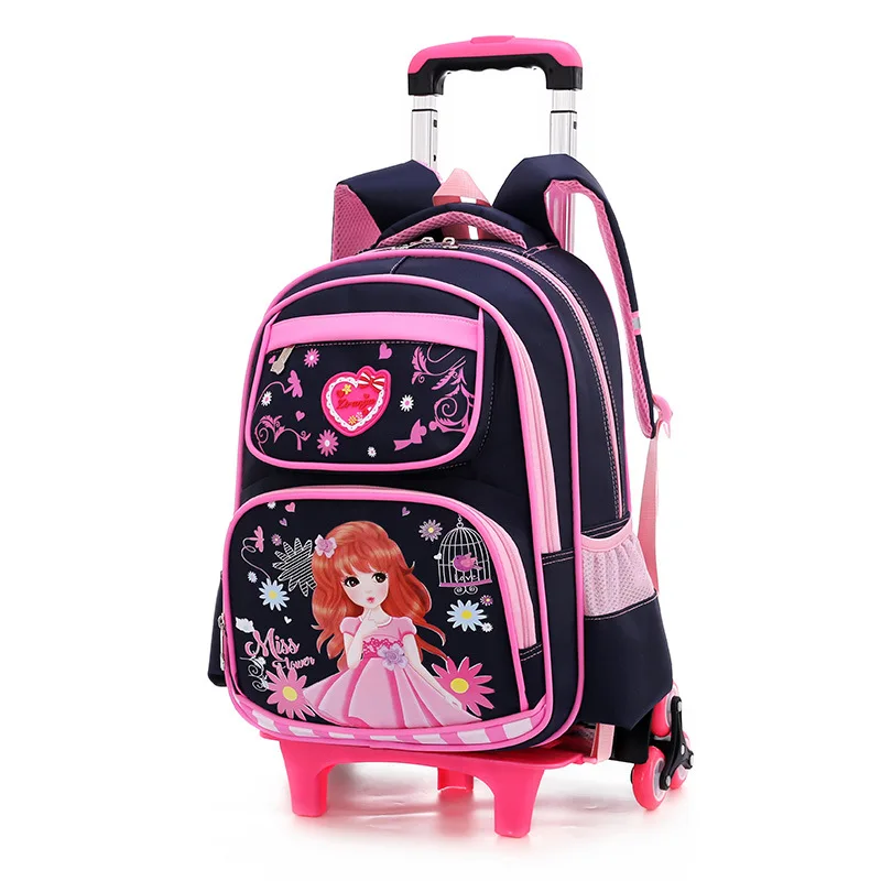 

2019 Children School Bags Removable Girls large capacity princess Trolley Backpack 6 Wheels Climb Stair Kids Rolling Backpacks