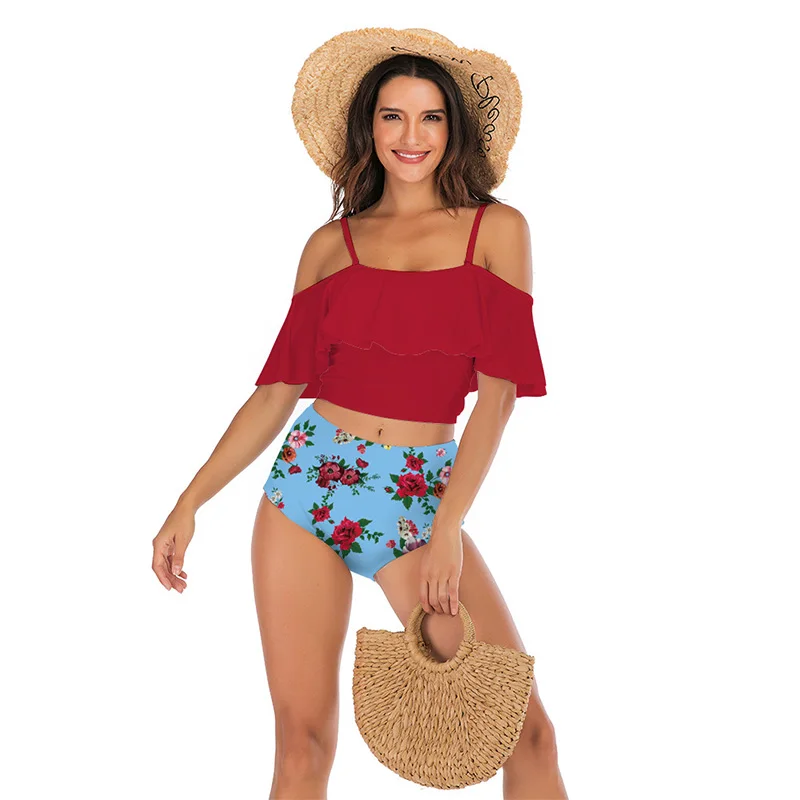 Z-LAI Women Falbale High-waisted Bikini Set Ruffle Swimsuit Floral Printed Vintage Striped Swimwear Bathing Suit Halter Biquini