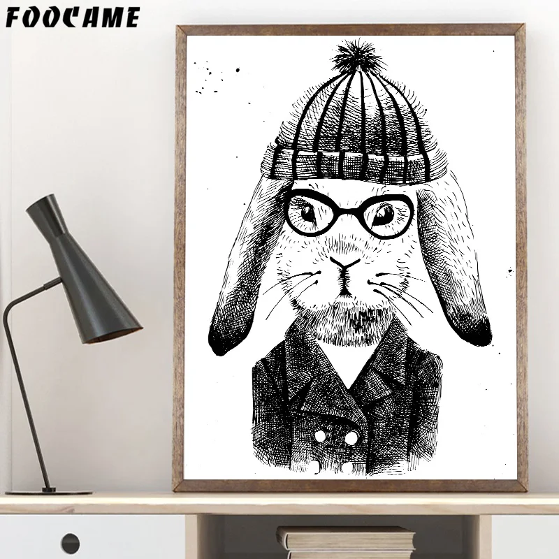 

FOOCAME Cartoon Animal Rabbit Hat Black White Posters and Prints Art Canvas Painting Home Decor Wall Pictures For Living Room