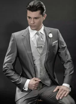

customize High quality Silver Gray Groom Tuxedos Peak Lapel Wedding Men's Suit Bridegroom Suits (Jacket+Pants+Tie+Vest)