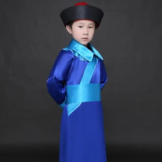 Костюмы для народных китайских танцев Дети династии Цин евнух костюм для Обувь для мальчиков древних Халаты сцены Костюмы