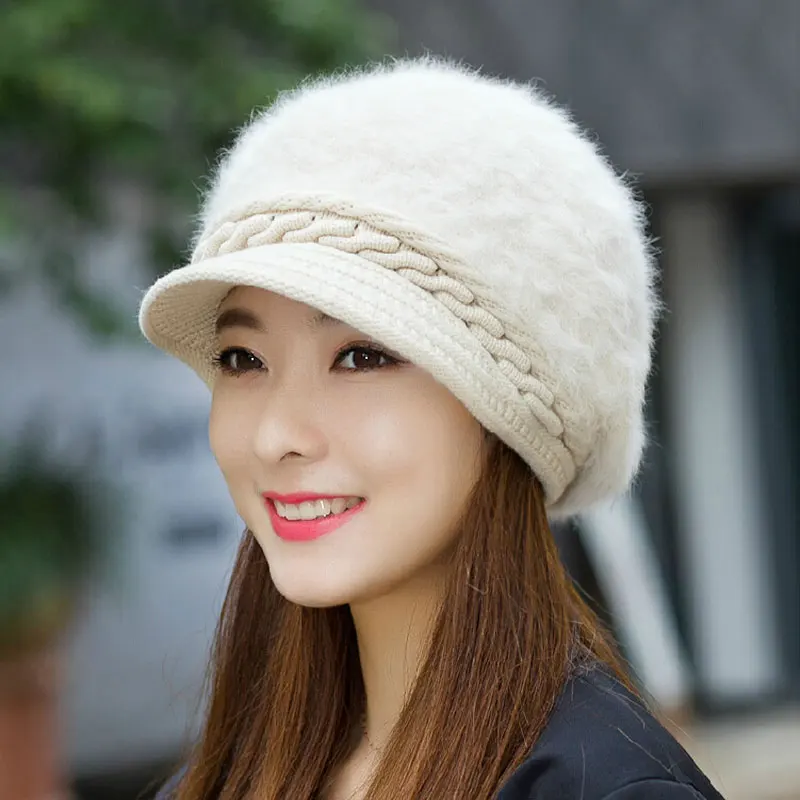 

Women Knitting Winter Hats Skullies Beanies thicken cap New fashion Rabbit hair Hat Female Elegant Knitted cap Warm