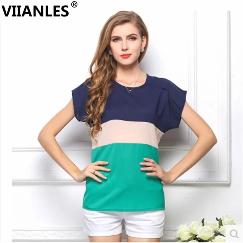 

VIIANLES Summer tops for women 2019 Fashion Tshirt Short-sleeved womens tops and Shirts Femme Red Green Patckwork Tee XXXL