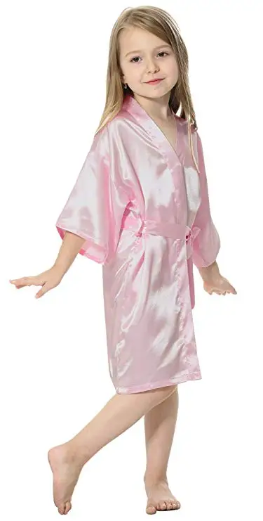 Kids Solid Satin Rayon Kimono Robe Bridesmaid Solid Bathrobe Children Nightgown Sleepwear Dressing Gow