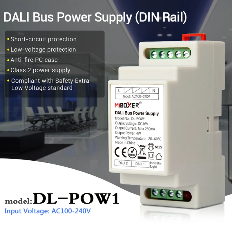 MiBOXER DL-POW1 DALI Bus Power Supply DIN Rail DC16V Output Current 250mA Max Reted Power 4W AC100-240V analog output 3 phase current transmitter 24v dc three phases sensor industrial abs standard rail flat screw fixing