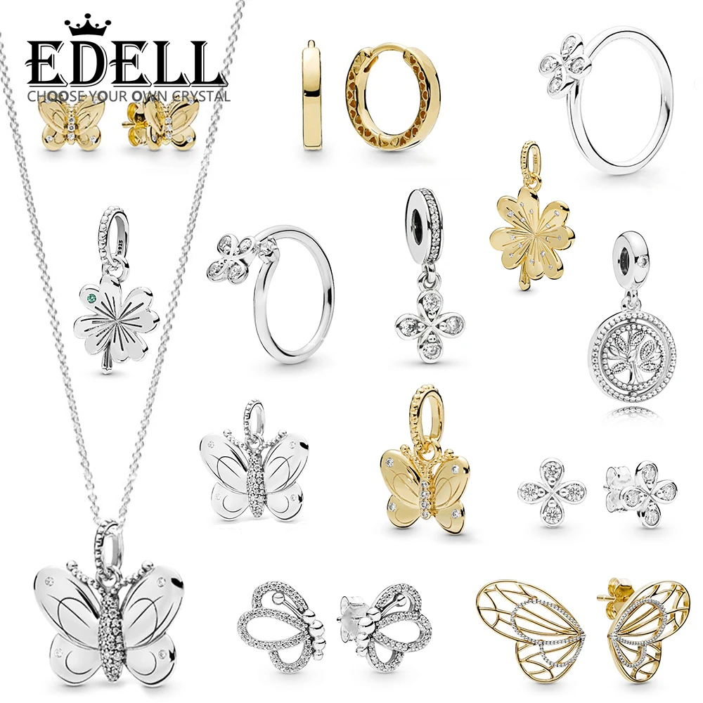 

EDELL 100% 925 Sterling Silver New 2019 Early Spring Butterfly Four Petal Flowers Four-leaf Clover Ring Stud Earrings Necklace