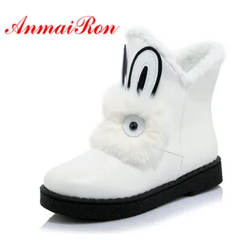 

AnmaiRon 2018 New Fashion Cute Warm Plush Boots Woman Slip-on Round Toe Ladies Ankle Shoes Soft Feather 4 Color Flat Low Heel