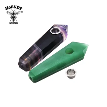 

HORNET Natural Fluorite Quartz Crystal Smoking Herb Pipe 12 MM With Metal Smoking Bowl Pipe Six-Sided Shape Tobacco Filters Pipe