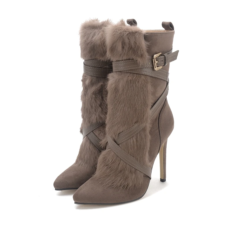 

Winter ladies warm high-heeled boots plus velvet European and American luxury leather boots fur rabbit plush women's boots