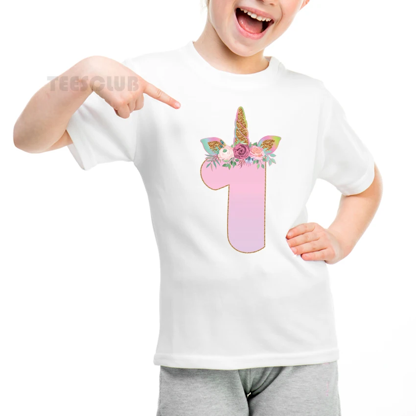 Футболка для девочек и мальчиков Милая футболка для дня рождения с рисунком единорога, с цифрами от 1 до 9 милые детские летние топы, подарок на день рождения, одежда для малышей
