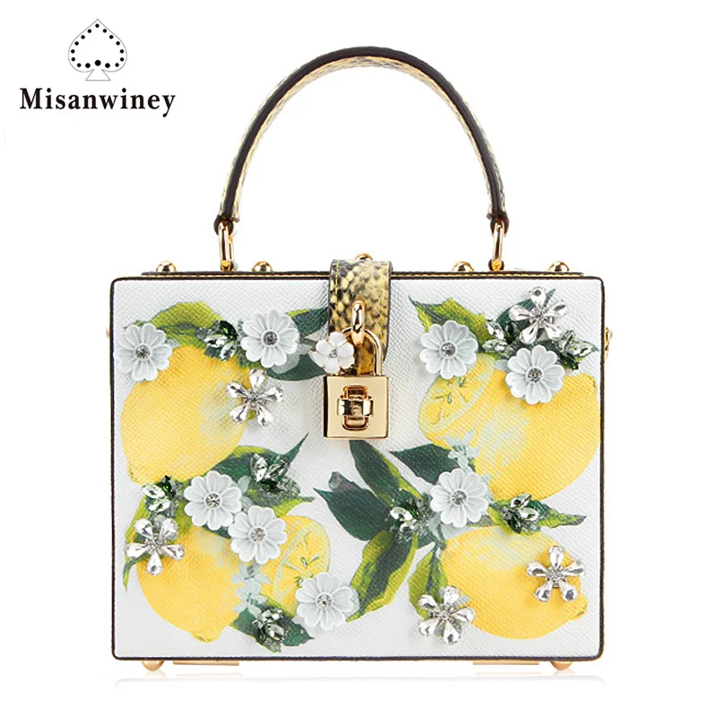 

Misanwiney Luxury brand design female summer genuine leather hard box day clutch bag cow leather lemon print flower diamond