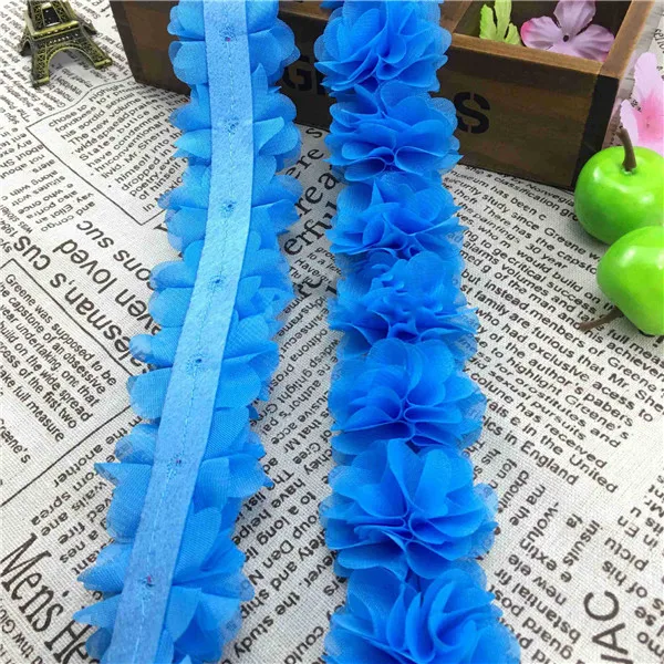 1Yard 12 colors Flower 3D Chiffon Lace Trim Ribbon Fabric for Applique Sewing Wedding Dress Decoration Accessories Supplies 5cm - Цвет: blue