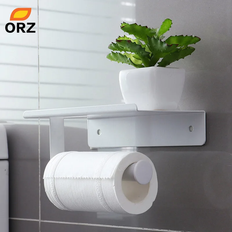 ORZ Toilet Paper Holder Rack With Mobile Phone Storage Shelf Wall Mount Bathroom Tissue Holder Bathroom Storage Organizer Rack 