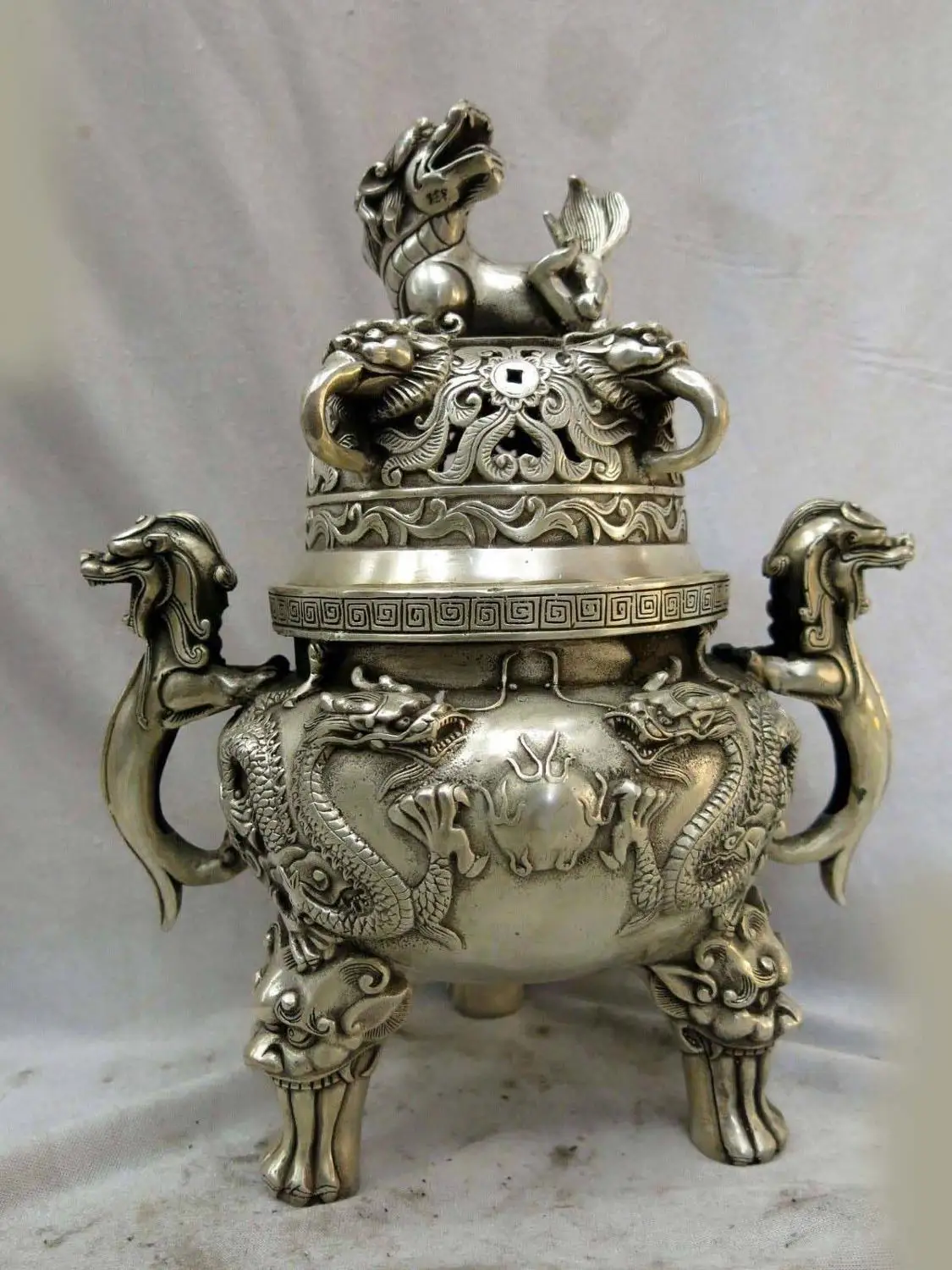 

11" China silver two dragons play bead Foo Dogs Lion censer Incense burner (D0426)