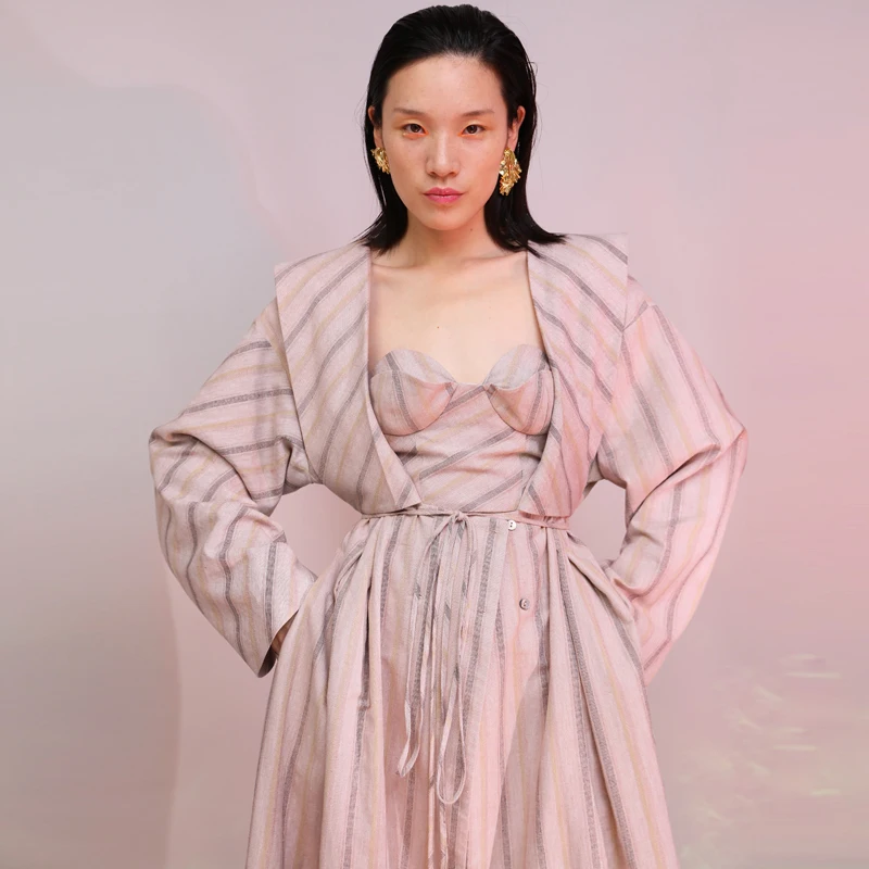 WHITNEY WANG осеннее модное уличное дизайнерское стильное платье из 2 предметов в стиле оверсайз в полоску женское WW-1804