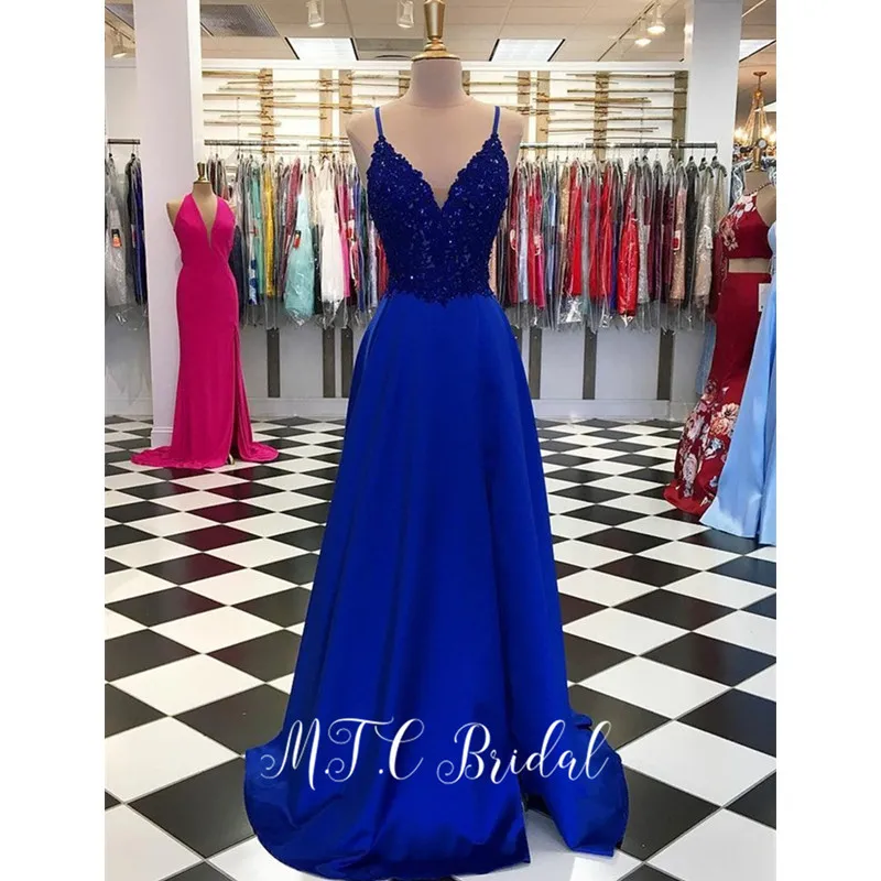 

Simple Royal Blue Long Dress Evening 2019 Lace Top V Neck Spaghetti Strap Sexy Prom Gowns Vestido De Festa Cheap Women Dresses