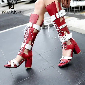 

Prova Perfetto Fashion Women Summer Boots Lace Up Chunky High Heel Sandals Hollow Out Knee High Boots Straps Gladiator Sandal