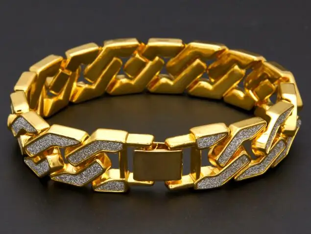 Стиль, Пескоструйный браслет, кубинская цепочка, хип-хоп золотой тон, тяжелый 15 мм широкий мужской браслет 8,5 дюйма - Окраска металла: gold