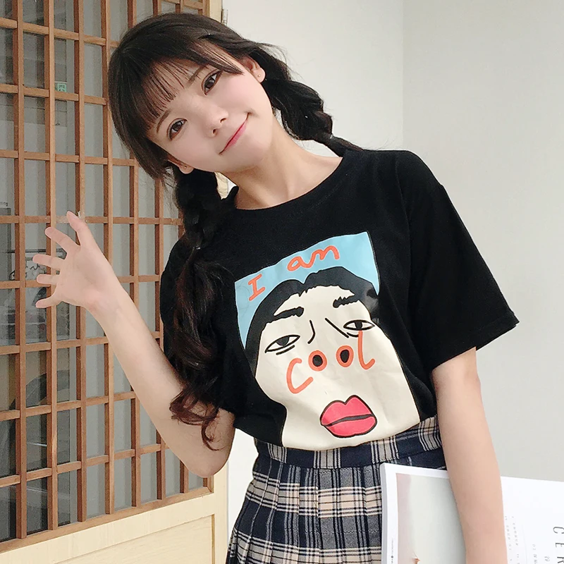 Корейская одежда ulzzang летние свободные Забавные футболки с принтом Женская Harajuku