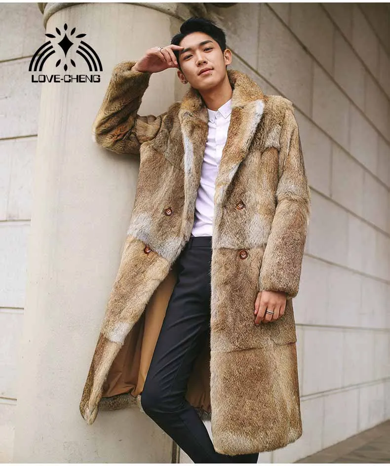 

New real genuine natural rabbit fur coat men long fashion turn-down collar jacket outwear overcoat custom any size