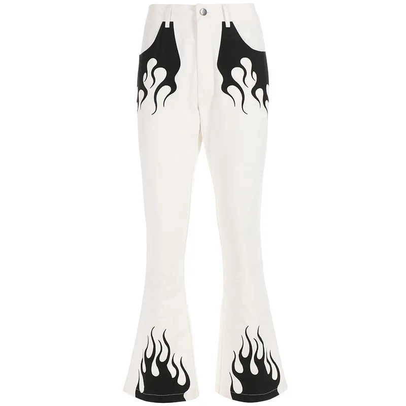 SUCHCUTE повседневные широкие брюки со вставками для женщин уличная одежда с высокой талией расклешенные брюки с огненным принтом расклешенные брюки Капри - Цвет: White Pant