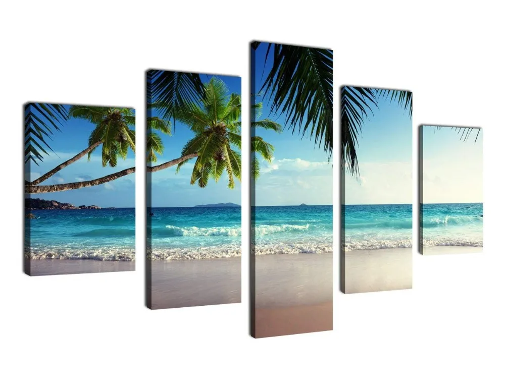 Canvas Prints Wall Art Coconut Palm Tree on Sea Beach Sunshine Summer Season Framed Ready to Hang - 5 Panels Contemporary Painting Teal Canvas Art on Canvas for Home and Office Decoration