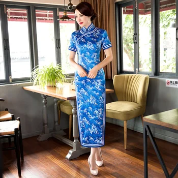 

Shanghai Story Faux Silk Blue long Qipao Dress chinese traditional dress Chinese cheongsam dress Oriental Style Dress