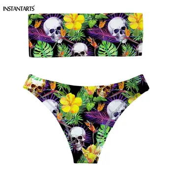 

INSTANTARTS 3D Tropical Leaves Punk Skull Woman Swimming Suits Breathable Summer Bandeau Strapless Bikini Set Bathing Beachwear