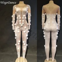 Новинка, сексуальный комбинезон для ночного клуба, сцены, белые цветы, принт, стразы, жемчуг, боди, певица, одежда для женщин, день рождения, праздник, наряд