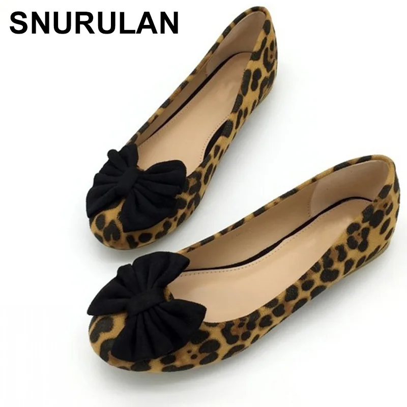 

SNURULAN Leopard Print Bowtie Women's Flats Spring Autumn Flock Round Toe Slip On Ballet Flats For Woman Ladies Casual ShoesE645