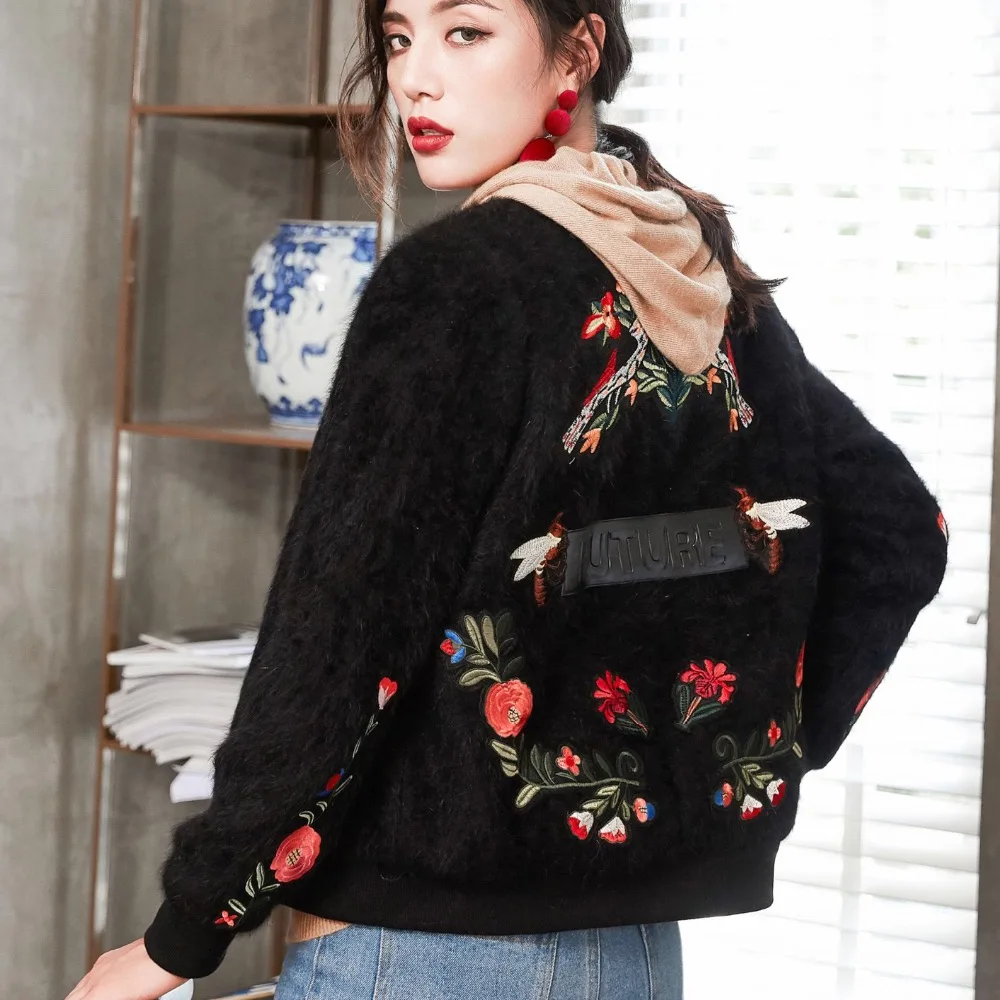 Осень, дизайн, Глория и грация, черное роскошное Норковое Пальто с цветочной вышивкой, Свободное пальто, куртка, верхняя одежда